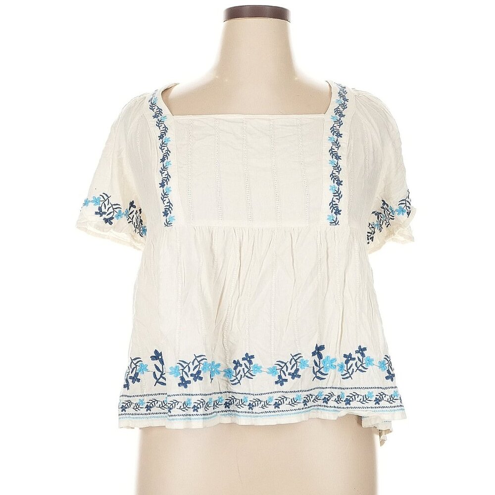 Old Navy White Smock Short-sleeve Top Blue Embroidery XL